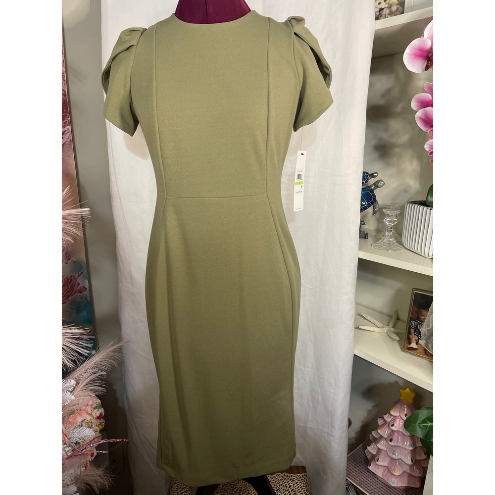 Calvin Klein Sheath Dress Women 4 Olive Green NEW Tulip Puff Sleeve Midi Dress